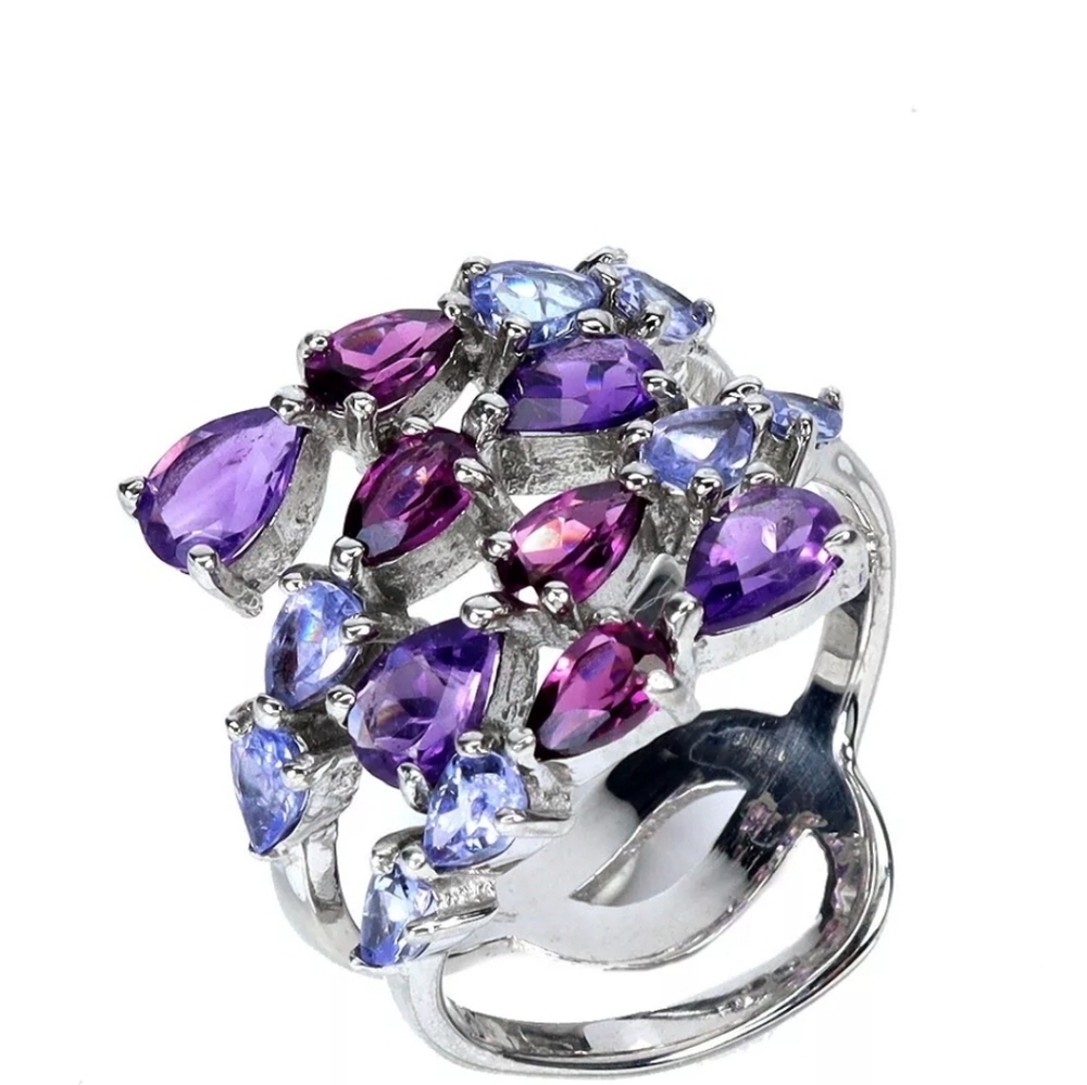 NEW 925 Sterling Silver Cluster Ring Pear Amethyst Garnet Tanzanite Gemstone
